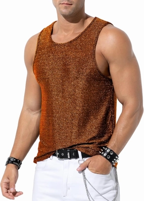 Arjen Kroos Men's Sequin Tank Top, Gold Glitter Rave Sleeve Shirts, Sparkly Disco Mens Vest