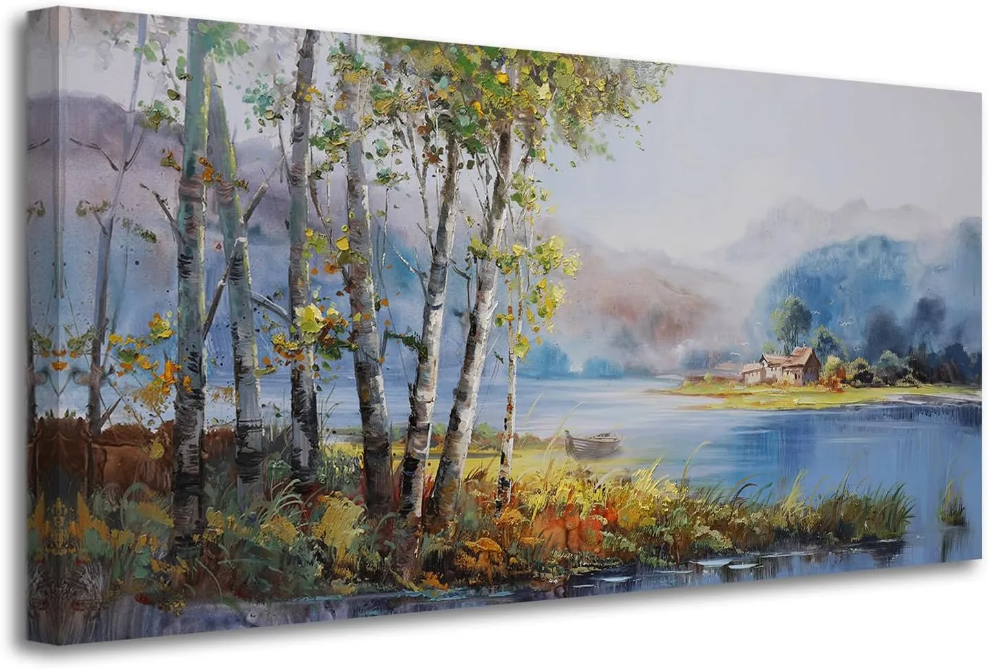 Arjun Landscape Wall Art Coutrysize River Painting Canvas, Tree Scenery Mountain Indigo Grey Textured Picture Frame Large Size Artwork for Living Room Bedroom Bathroom Office Home Wall Decor, 40"x20"