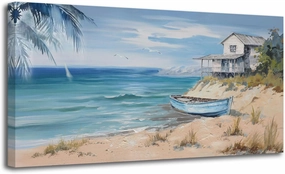 Arjun Blue Coastal Wall Art Beach Sailboat Turquoise Picture Seascape House Painting, Palm Tree Tropical Ocean Sea Framed Artwork for Living Room Bedroom Office Home Wall Decor Extra Large 59"x28"