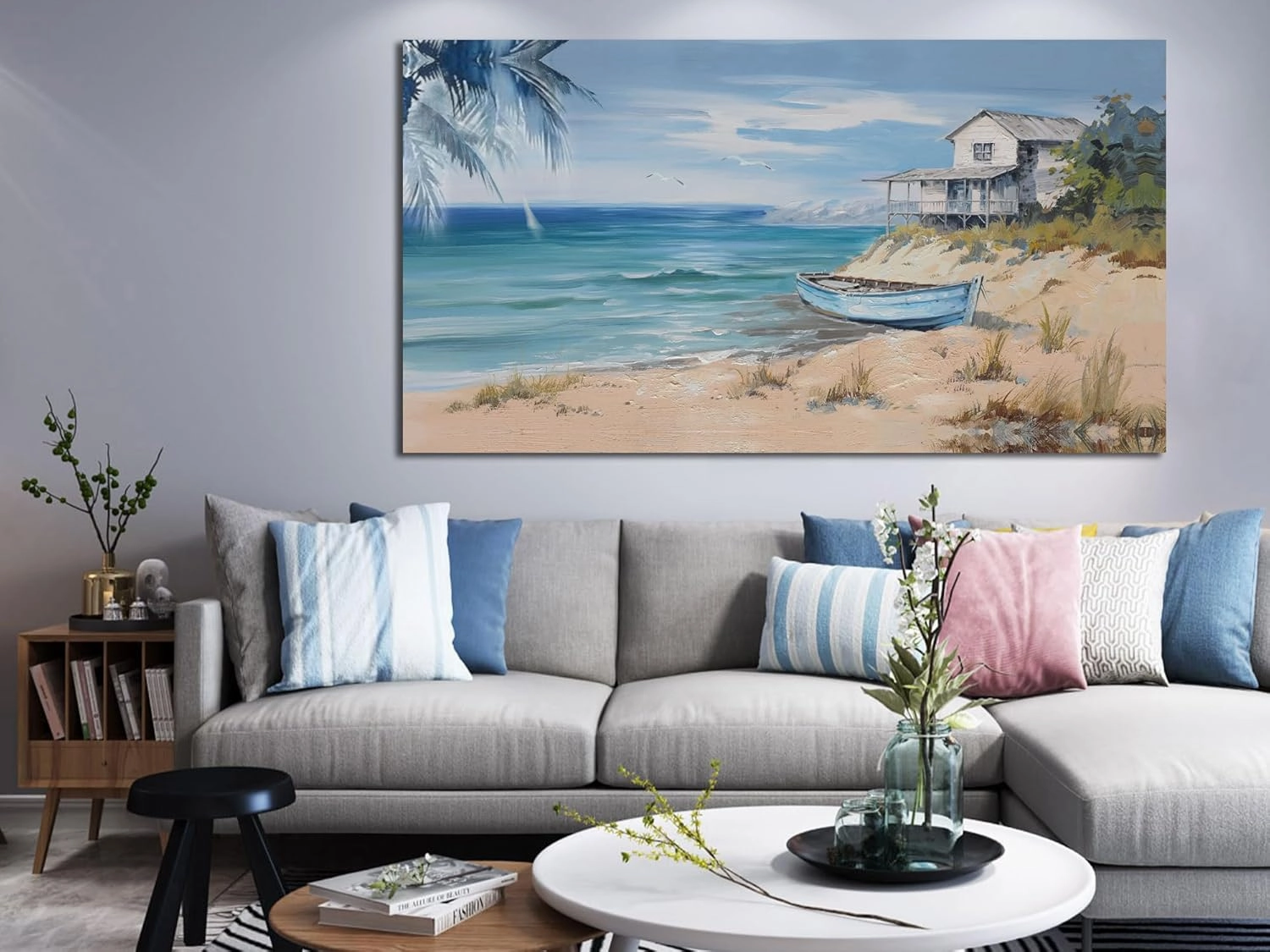 Arjun Blue Coastal Wall Art Beach Sailboat Turquoise Picture Seascape House Painting, Palm Tree Tropical Ocean Sea Framed Artwork for Living Room Bedroom Office Home Wall Decor Extra Large 59"x28"