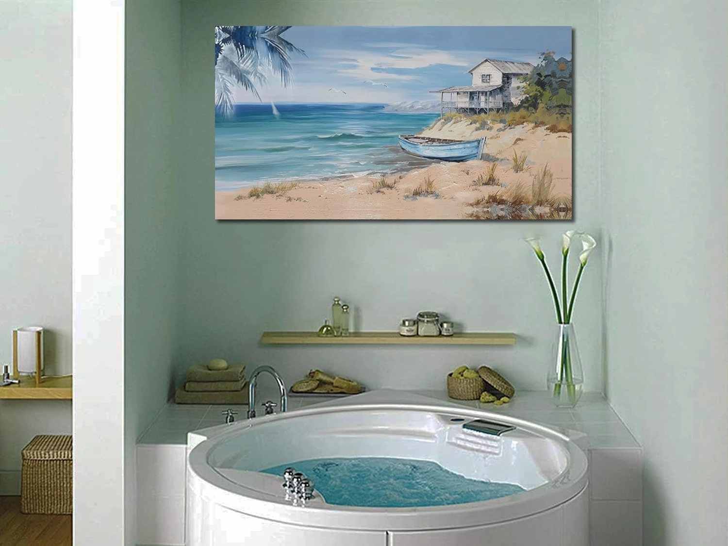 Arjun Blue Coastal Wall Art Beach Sailboat Turquoise Picture Seascape House Painting, Palm Tree Tropical Ocean Sea Framed Artwork for Living Room Bedroom Office Home Wall Decor Extra Large 59"x28"