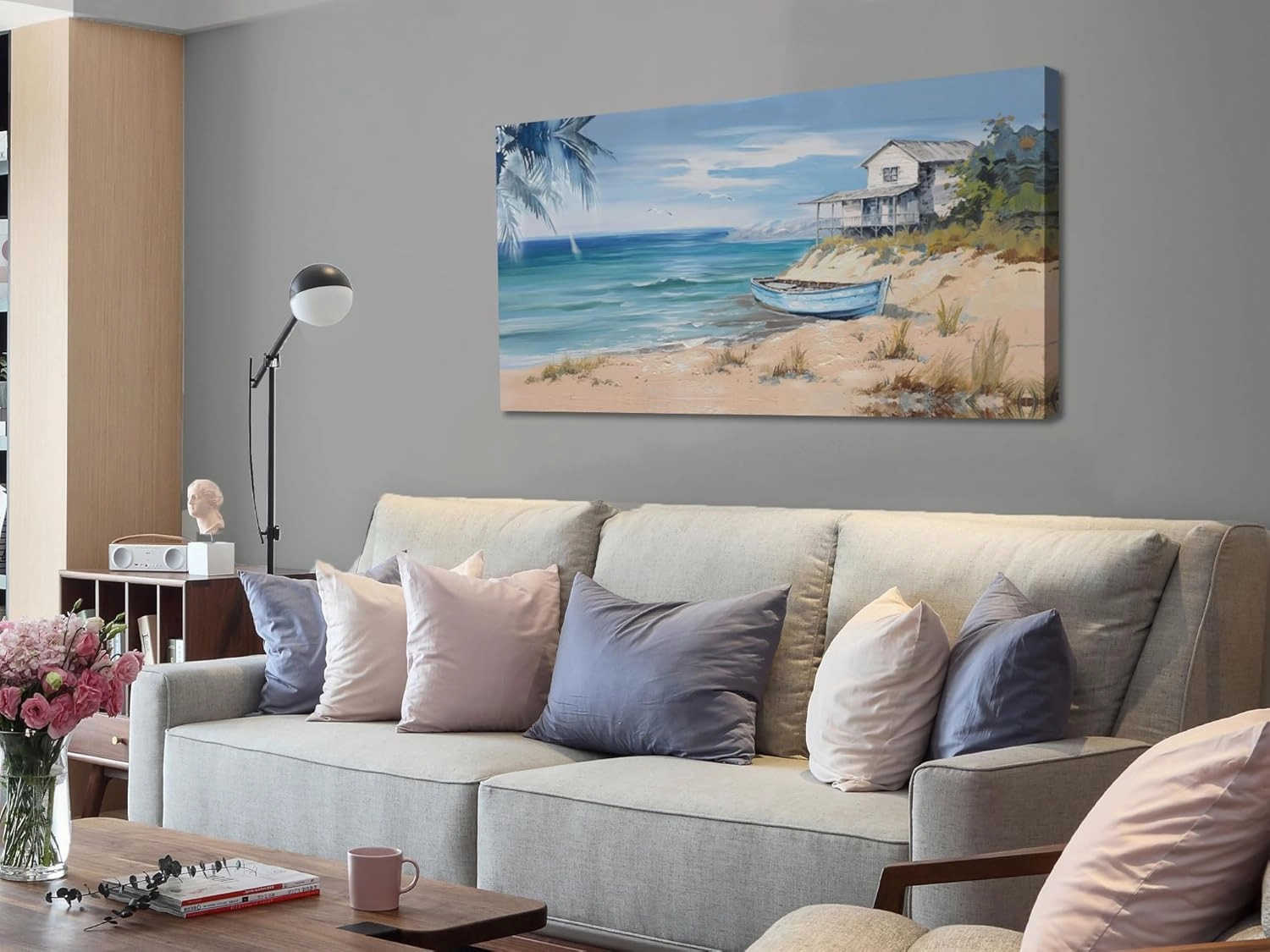 Arjun Blue Coastal Wall Art Beach Sailboat Turquoise Picture Seascape House Painting, Palm Tree Tropical Ocean Sea Framed Artwork for Living Room Bedroom Office Home Wall Decor Extra Large 59"x28"
