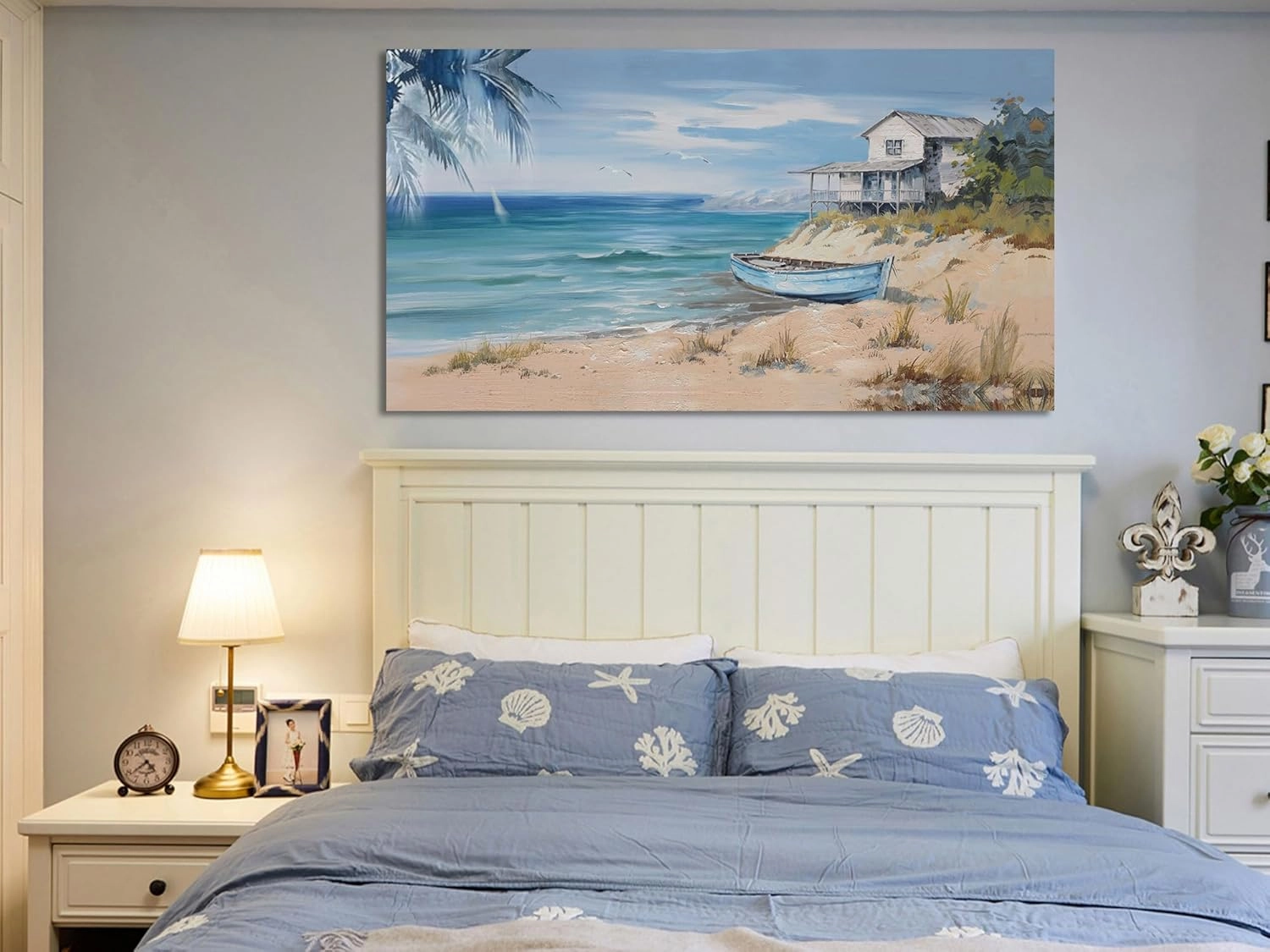 Arjun Blue Coastal Wall Art Beach Sailboat Turquoise Picture Seascape House Painting, Palm Tree Tropical Ocean Sea Framed Artwork for Living Room Bedroom Office Home Wall Decor Extra Large 59"x28"