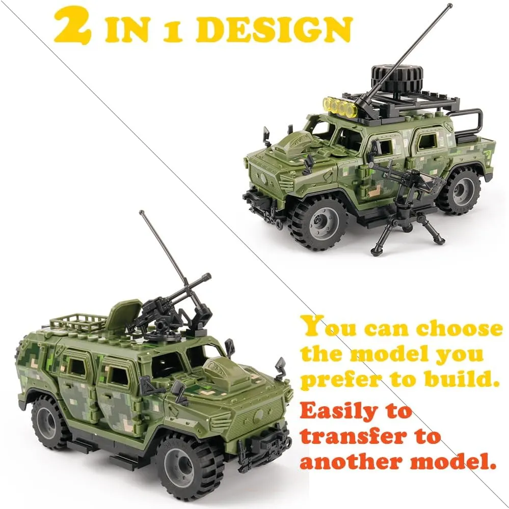 Armored Vehicle Building Block Military Vehicle Building Toy for Age 6 7 8 9 10 11 12 , 2 in 1 Styles Army Brick Truck, Military Car Model Toys Gifts for Boys