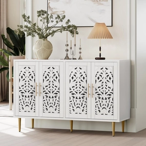 ARTPOWER 47.8" Accent Cabinet with 4 Doors, Vintage Hollow Carving Buffet Cabinet, Sideboards and Buffets with Storage Credenza for Living Room, Kitchen, Dining Room, Entryway, Hallway, White