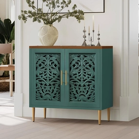 ARTPOWER Accent Cabinet with 2 Doors, Vintage Hollow Carving Buffet Cabinet, Sideboards and Buffets with Storage Credenza for Living Room, Kitchen, Dining Room, Entryway, Hallway, Green