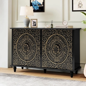 ARTPOWER Sideboard Buffet Cabinet with Storage,48" Vintage Decorative Accent Cabinet with Carved Flower Pattern,Wood Credenza with 4 Doors for Living Room, Hallway, Dining Room, Kitchen - Black