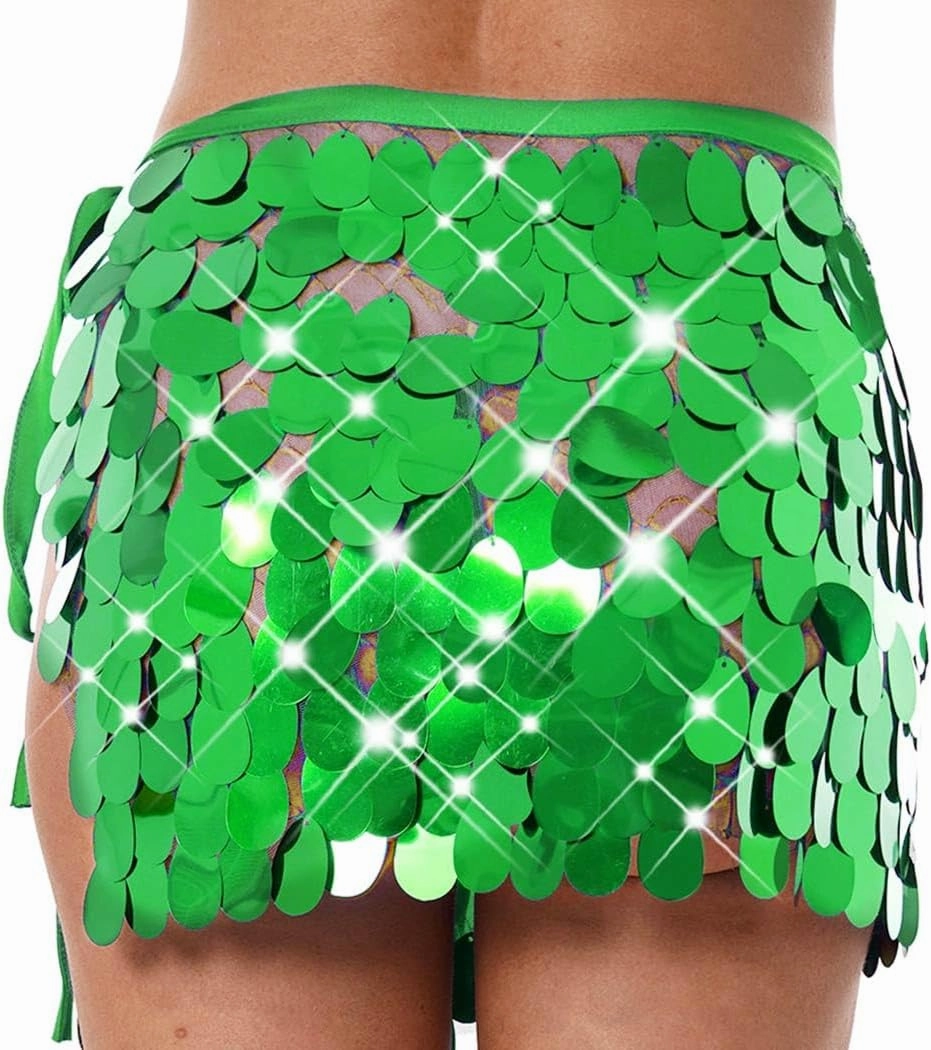 Aukmla Sequin Mini Skirts Sparkly Belly Dance Hip Skirts Party Rave Disco Hip Wrap for Women