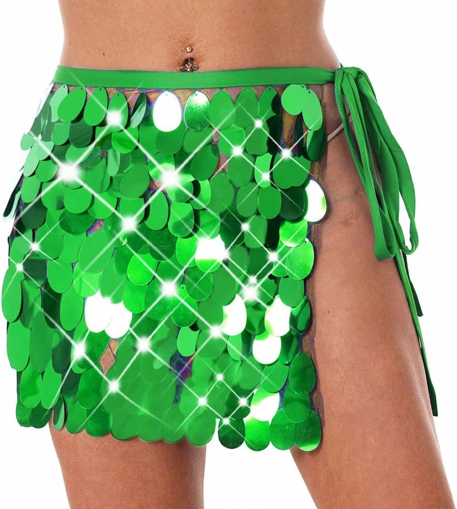 Aukmla Sequin Mini Skirts Sparkly Belly Dance Hip Skirts Party Rave Disco Hip Wrap for Women