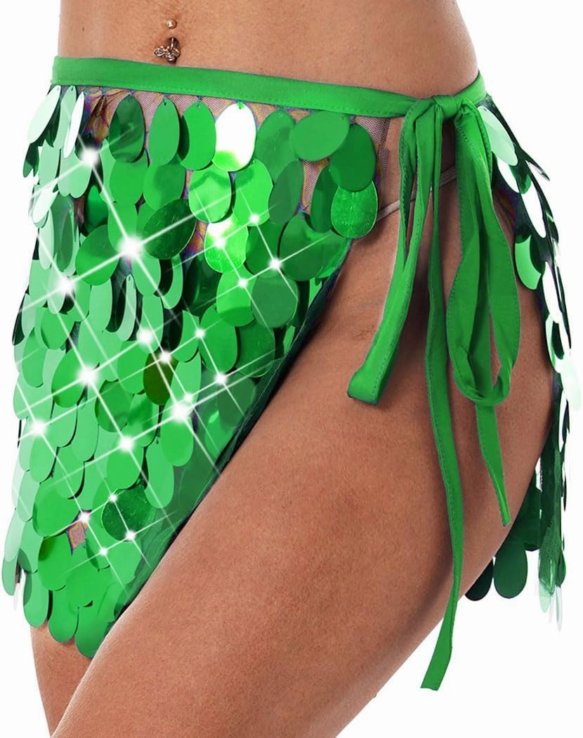 Aukmla Sequin Mini Skirts Sparkly Belly Dance Hip Skirts Party Rave Disco Hip Wrap for Women