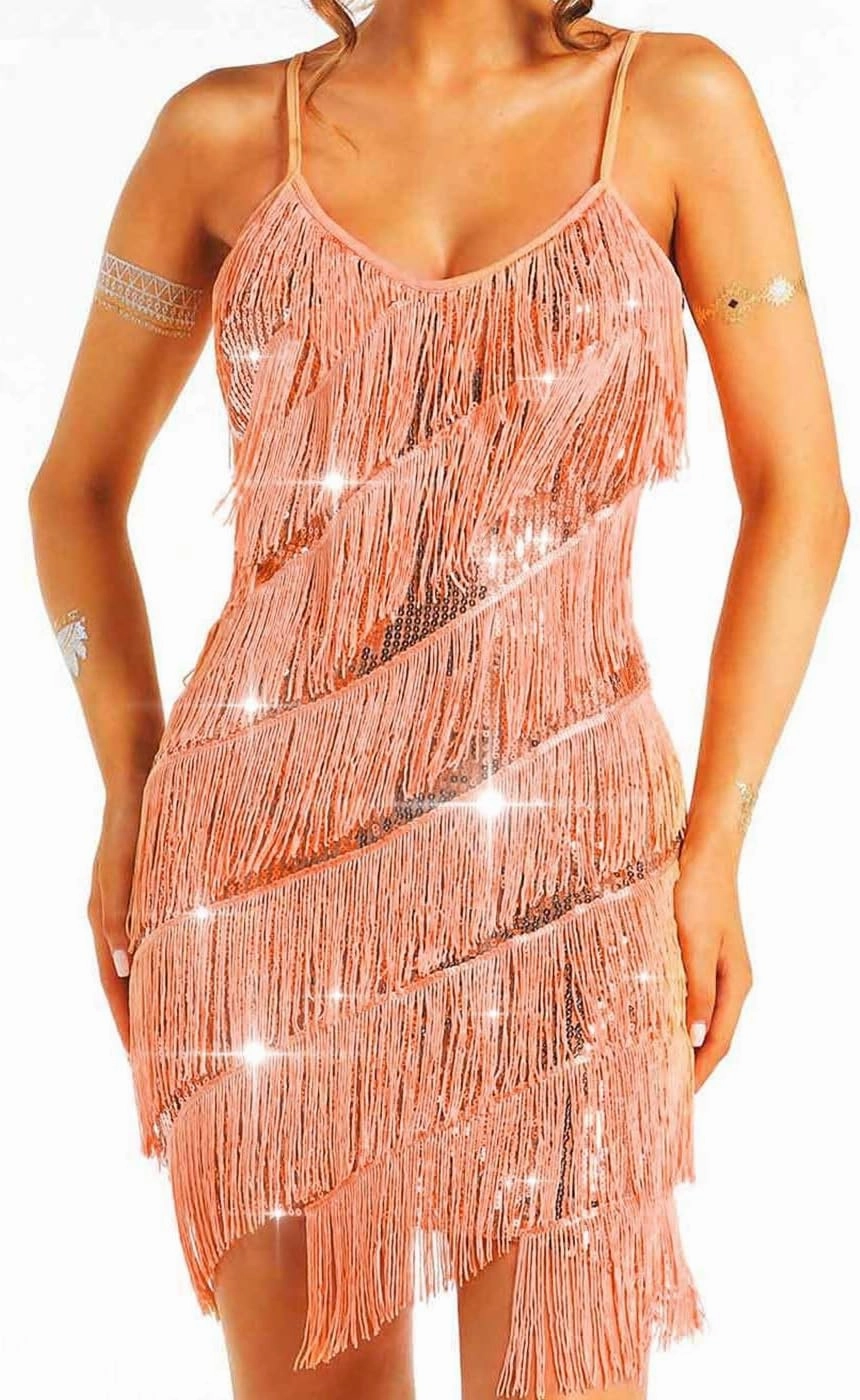 Aukmla Women Sequin Fringe Flapper Mini Dress Spaghetti Strap Latin Dance Tassel Dresses 1920s Dancing Disco Costume