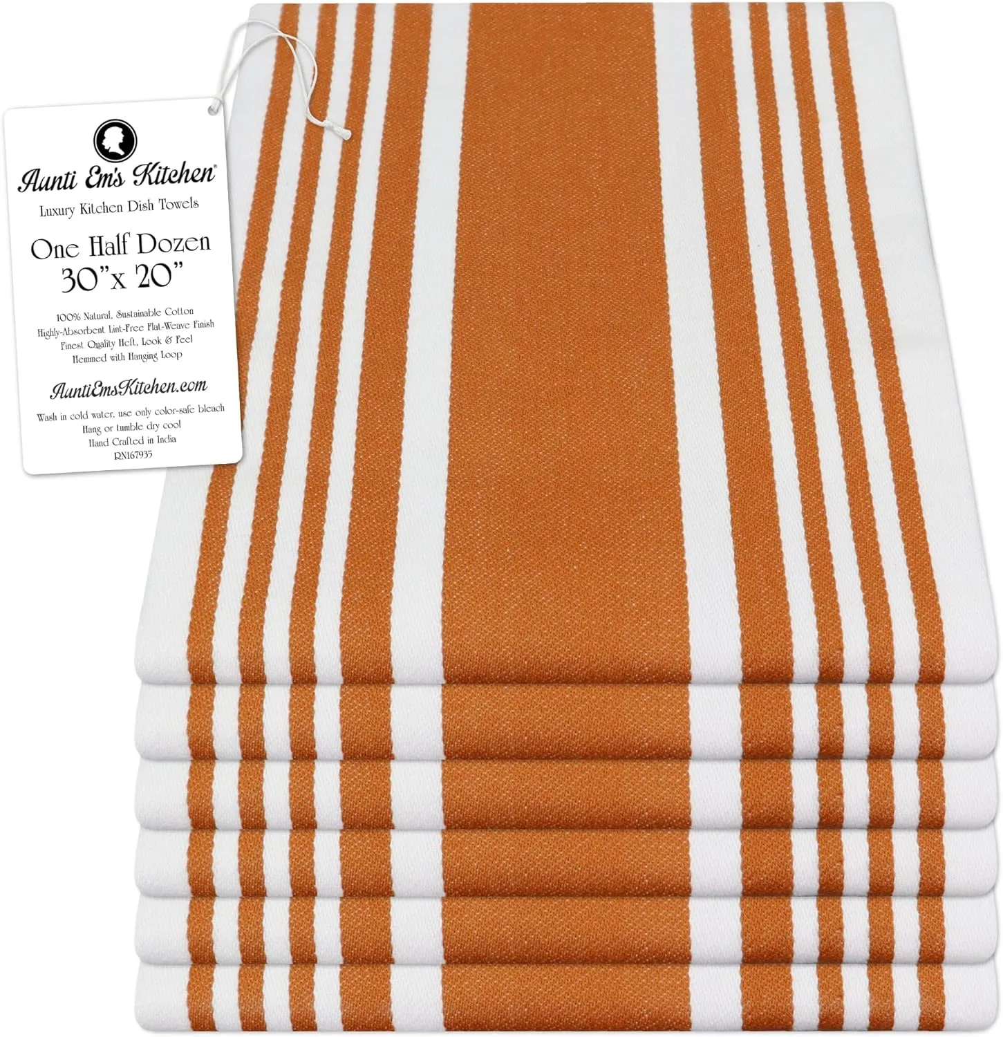 Aunti Em's Kitchen Designer Hand and Kitchen Dish Towels Woven from 100% Responsibly-Farmed, Thick, Luxurious Cotton, Oversized 20 x 30 inches, One Half Dozen, Copper Stripe