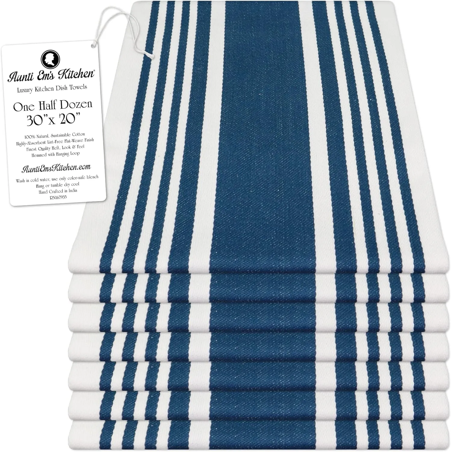 Aunti Em's Kitchen Designer Hand and Kitchen Dish Towels Woven from 100% Responsibly-Farmed, Thick, Luxurious Cotton, Oversized 20 x 30 inches, One Half Dozen, Marine Stripe