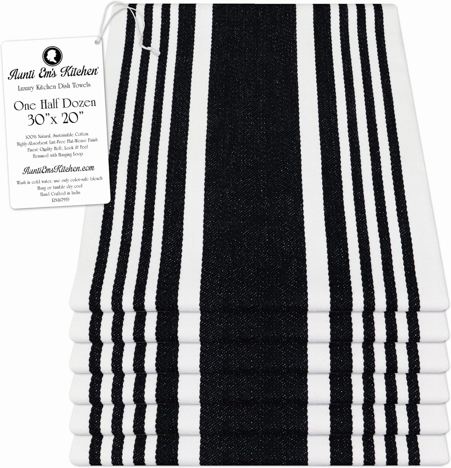 Aunti Em's Kitchen Designer Hand and Kitchen Dish Towels Woven from 100% Responsibly-Farmed, Thick, Luxurious Cotton, Oversized 20 x 30 inches, One Half Dozen, Black Stripe