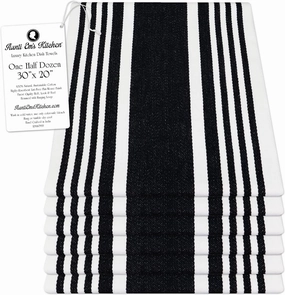 Aunti Em's Kitchen Designer Hand and Kitchen Dish Towels Woven from 100% Responsibly-Farmed, Thick, Luxurious Cotton, Oversized 20 x 30 inches, One Half Dozen, Black Stripe