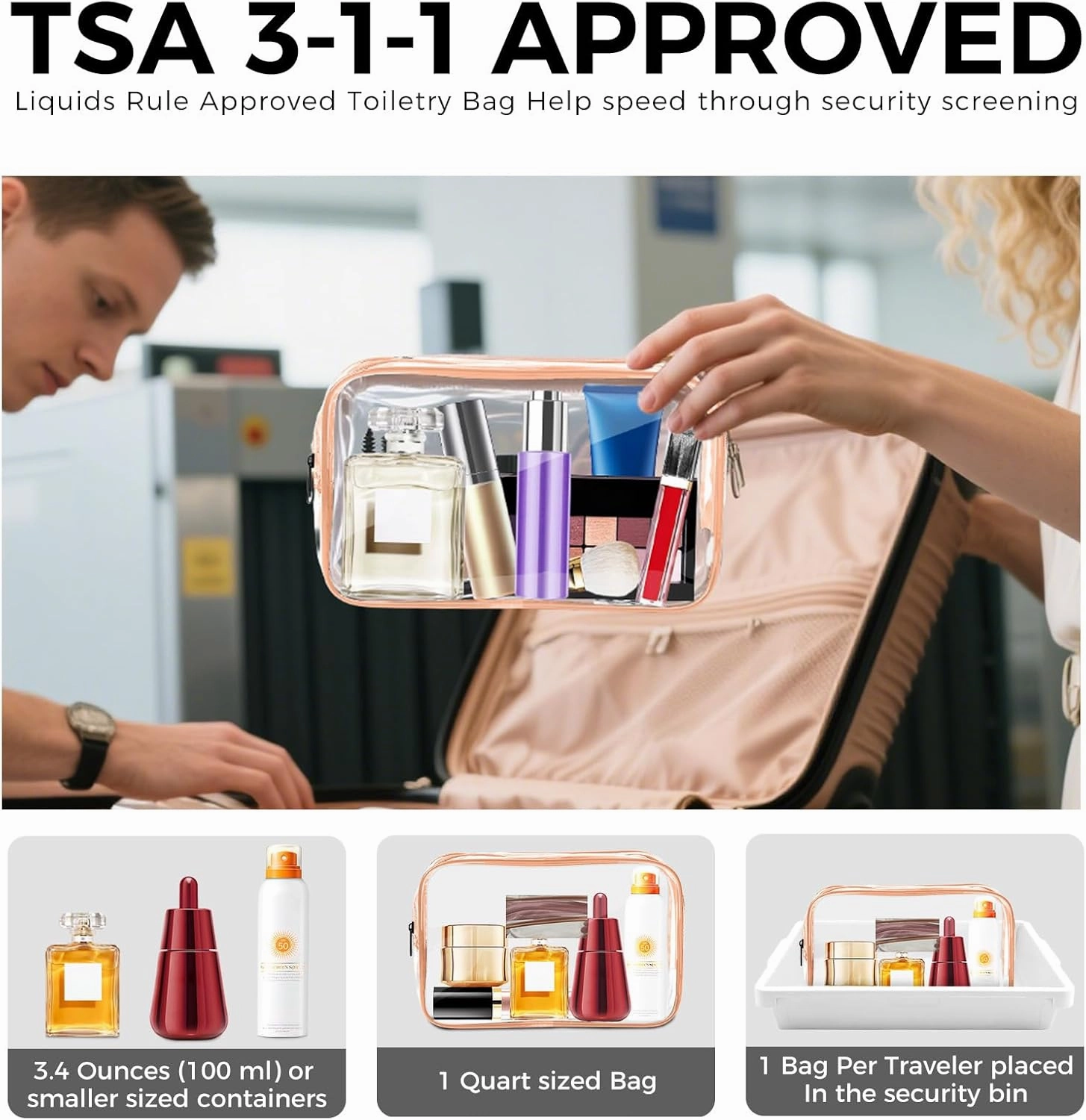 AURUZA Clear Makeup Bag, 12PCS TSA Approved Cosmetic Travel Toiletry Organizer, Quart Size Carry On Compliant, Water Resistant Airport Airline Essentials