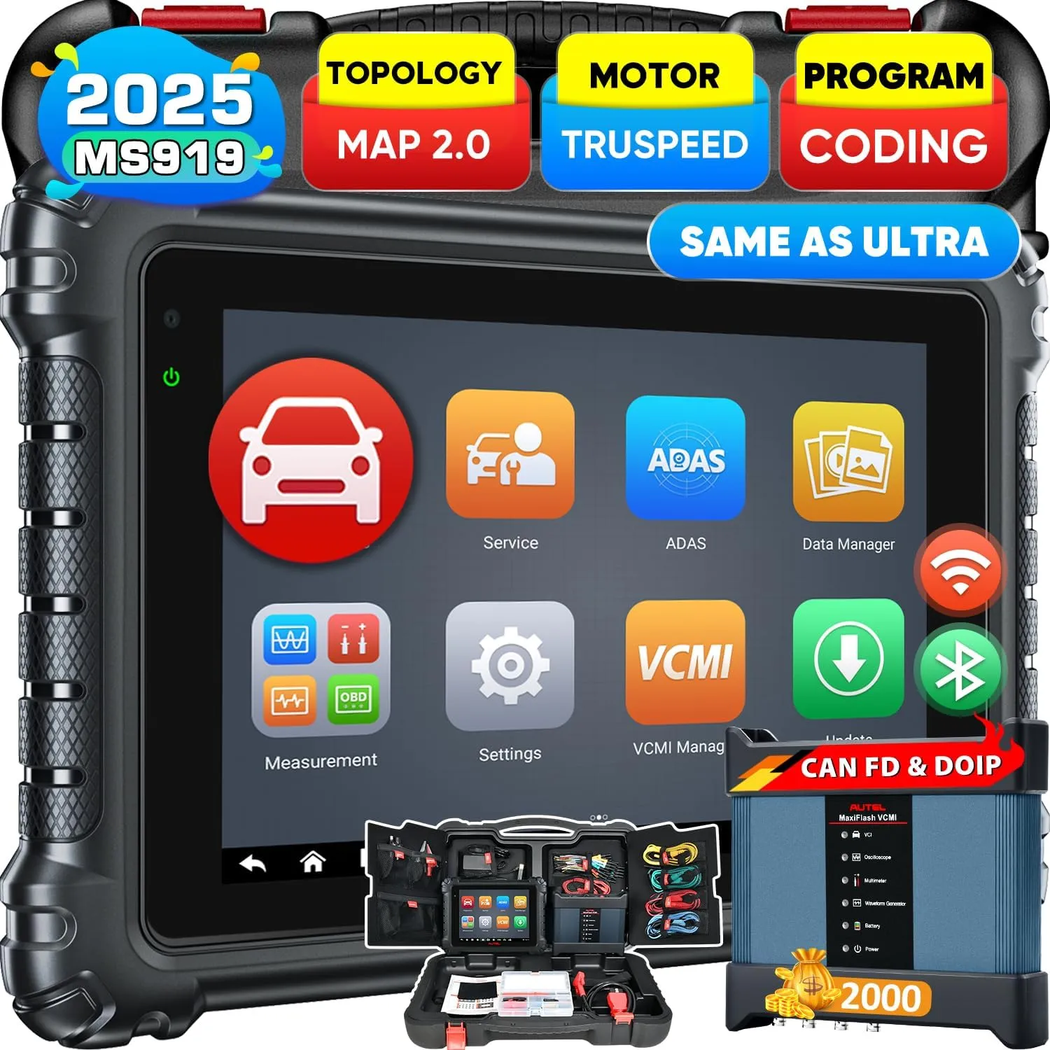 Autel MaxiSys MS919 Scanner, 2025 Same as MS Ultra Up of MS909 Ultra Lite, Color Topology 2.0, Intelligent Scan, Motor TruSpeed, ECU Programming Coding, 40  Service, 3K  Active Test, [$2000] 5in1 VCMI