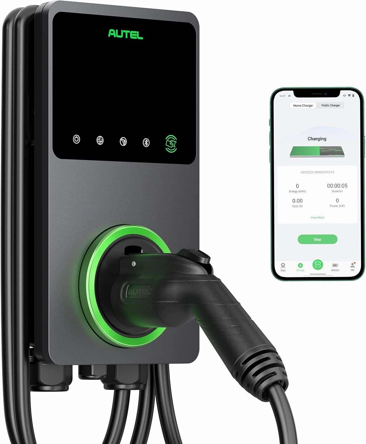 Autel MaxiCharger Home Smart AI Electric Vehicle (EV) Charger, 50 Amp Level 2 Wi-Fi and Bluetooth Enabled EVSE, Indoor/Outdoor Car Charging Station, with in-Body Holster and 25-Foot Premium Cable