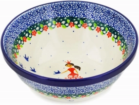 Authentic Polish Pottery Bowl 6-inch in Bird Princess Design Handmade in Bolesławiec Poland by Ceramika Artystyczna   Certificate of Authenticity