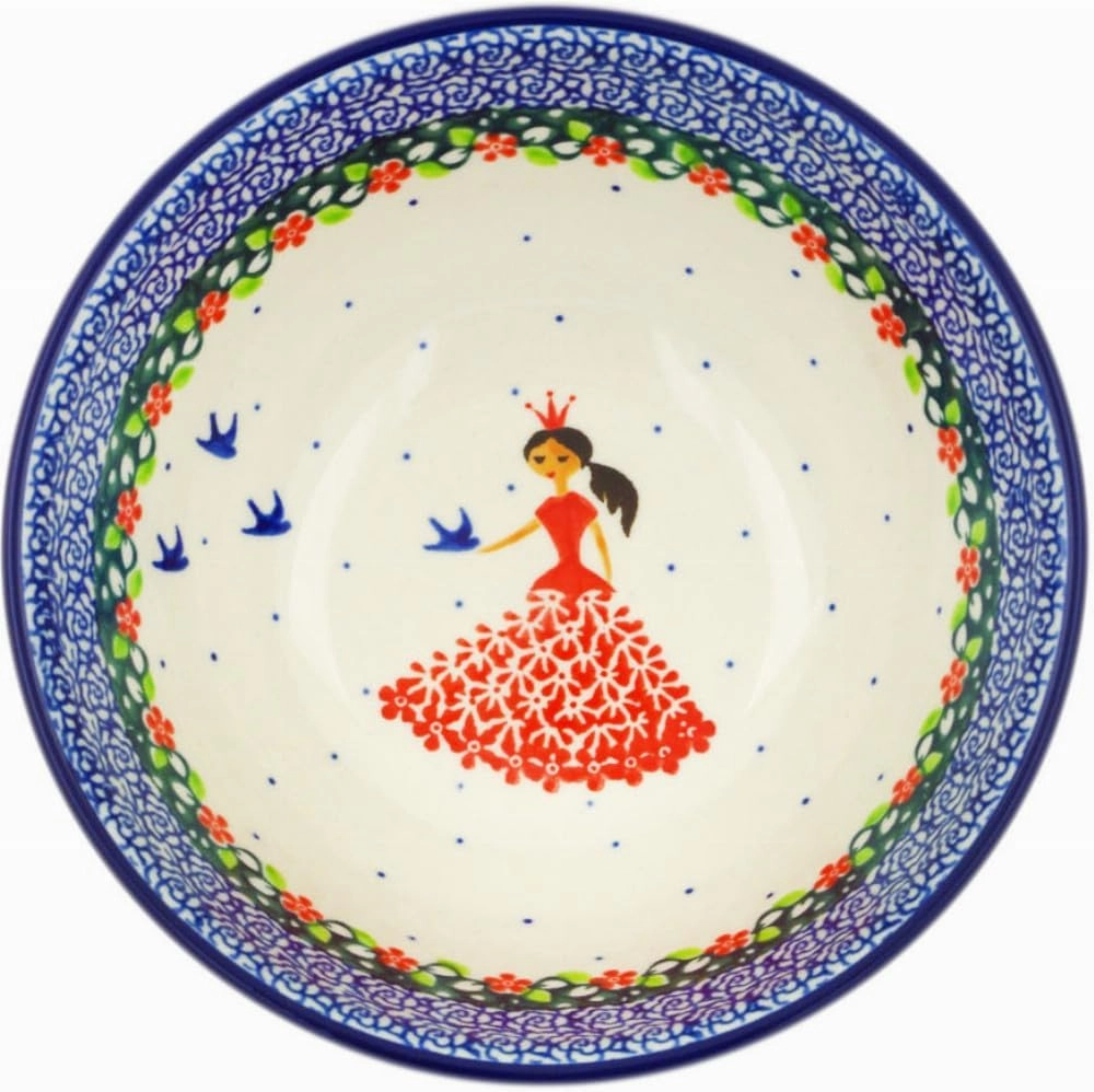 Authentic Polish Pottery Bowl 6-inch in Bird Princess Design Handmade in Bolesławiec Poland by Ceramika Artystyczna   Certificate of Authenticity