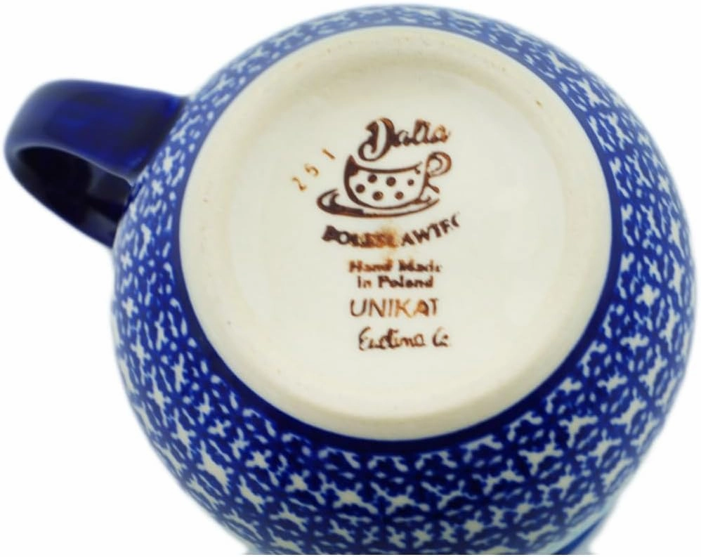 Authentic Polish Pottery Bubble Mug 12 oz Signature UNIKAT in Cobalt Winter Frost Design Handmade in Bolesławiec Poland by Ceramika Dalia   Certificate of Authenticity