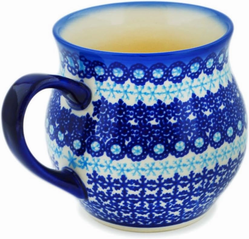 Authentic Polish Pottery Bubble Mug 12 oz Signature UNIKAT in Cobalt Winter Frost Design Handmade in Bolesławiec Poland by Ceramika Dalia   Certificate of Authenticity