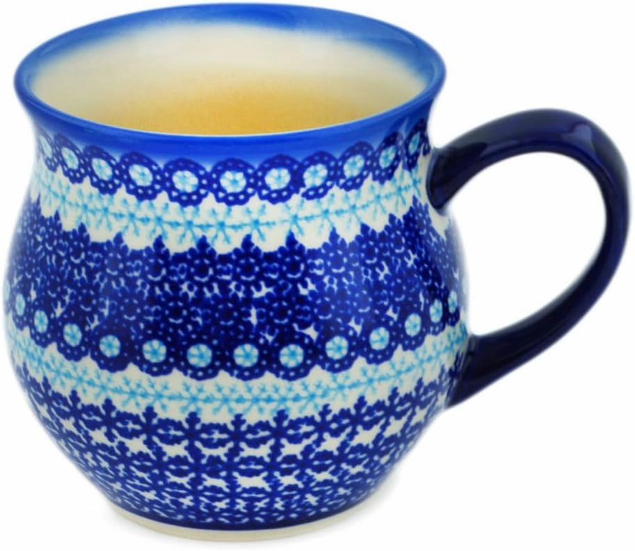 Authentic Polish Pottery Bubble Mug 12 oz Signature UNIKAT in Cobalt Winter Frost Design Handmade in Bolesławiec Poland by Ceramika Dalia   Certificate of Authenticity