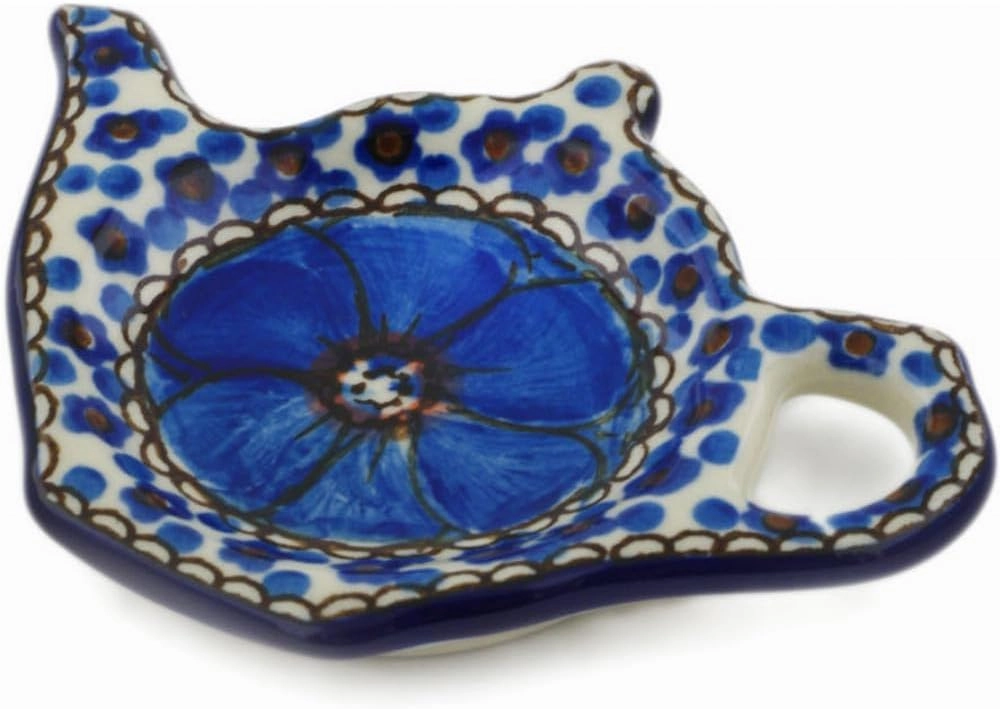 Authentic Polish Pottery Tea Bag or Lemon Plate Signature UNIKAT in Cobalt Poppies Design Handmade in Bolesławiec Poland by Ceramika Artystyczna   Certificate of Authenticity