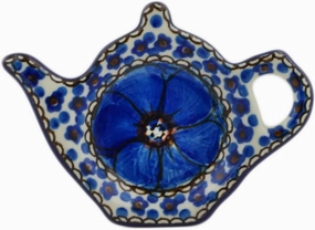 Authentic Polish Pottery Tea Bag or Lemon Plate Signature UNIKAT in Cobalt Poppies Design Handmade in Bolesławiec Poland by Ceramika Artystyczna   Certificate of Authenticity