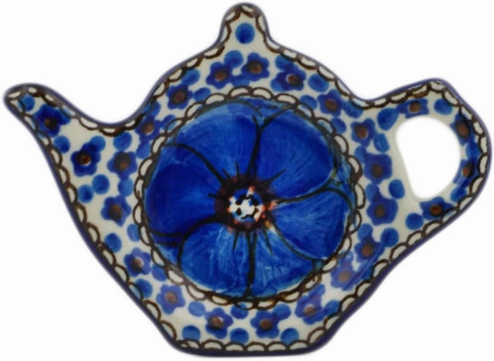 Authentic Polish Pottery Tea Bag or Lemon Plate Signature UNIKAT in Cobalt Poppies Design Handmade in Bolesławiec Poland by Ceramika Artystyczna   Certificate of Authenticity
