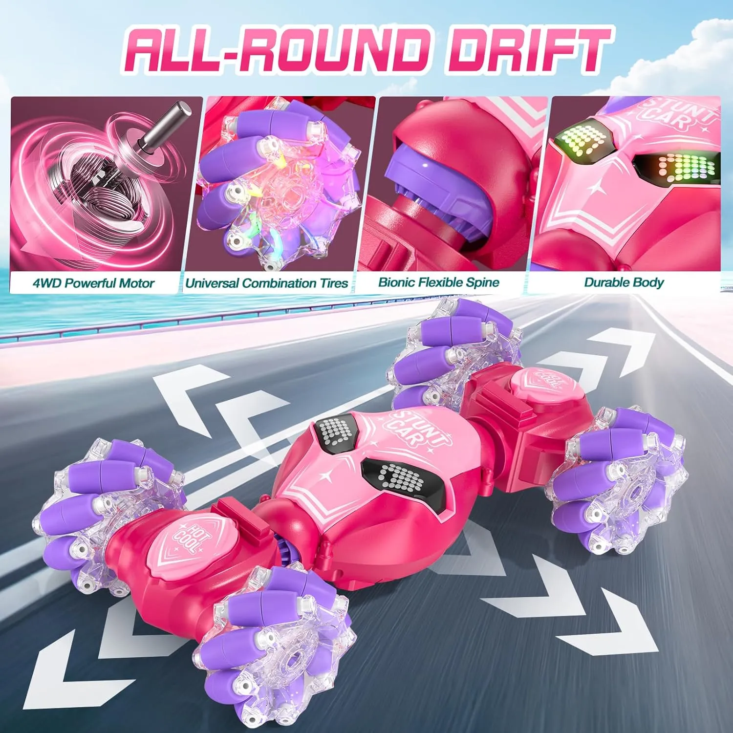 Axirata Gesture Sensing RC Stunt Car with Lights & Music for Girls Kids 6-12 Year Old 4WD 2.4GHz Hand Controlled Remote Control Car 360° Rotation Off-Road Toy Car Gift for Girls Kids(Pink)