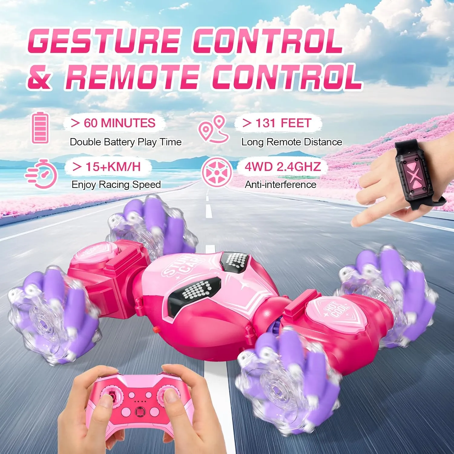 Axirata Gesture Sensing RC Stunt Car with Lights & Music for Girls Kids 6-12 Year Old 4WD 2.4GHz Hand Controlled Remote Control Car 360° Rotation Off-Road Toy Car Gift for Girls Kids(Pink)
