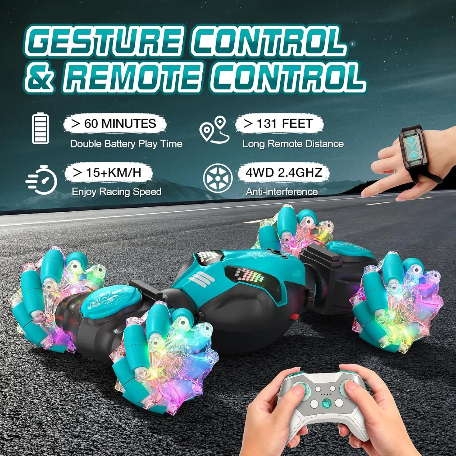 Axirata Gesture Sensing RC Stunt Car with Lights & Music for Kids 6-12 Year Old 4WD 2.4GHz Hand Controlled Remote Control Car 360° Rotation Off-Road Toy Car Gift for Boys Girls