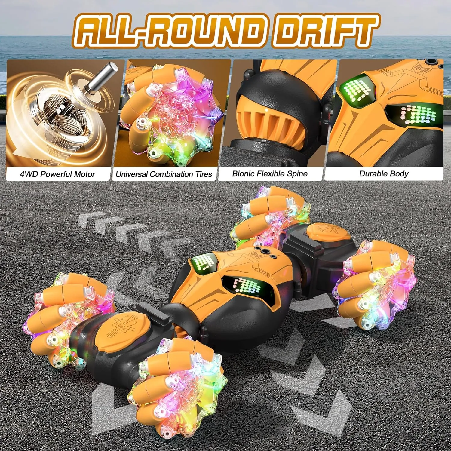 Axirata Gesture Sensing RC Stunt Car with Lights & Music for Kids 6-12 Year Old 4WD 2.4GHz Hand Controlled Remote Control Car 360° Rotation Off-Road Toy Car Gift for Boys Girls（Yellow）