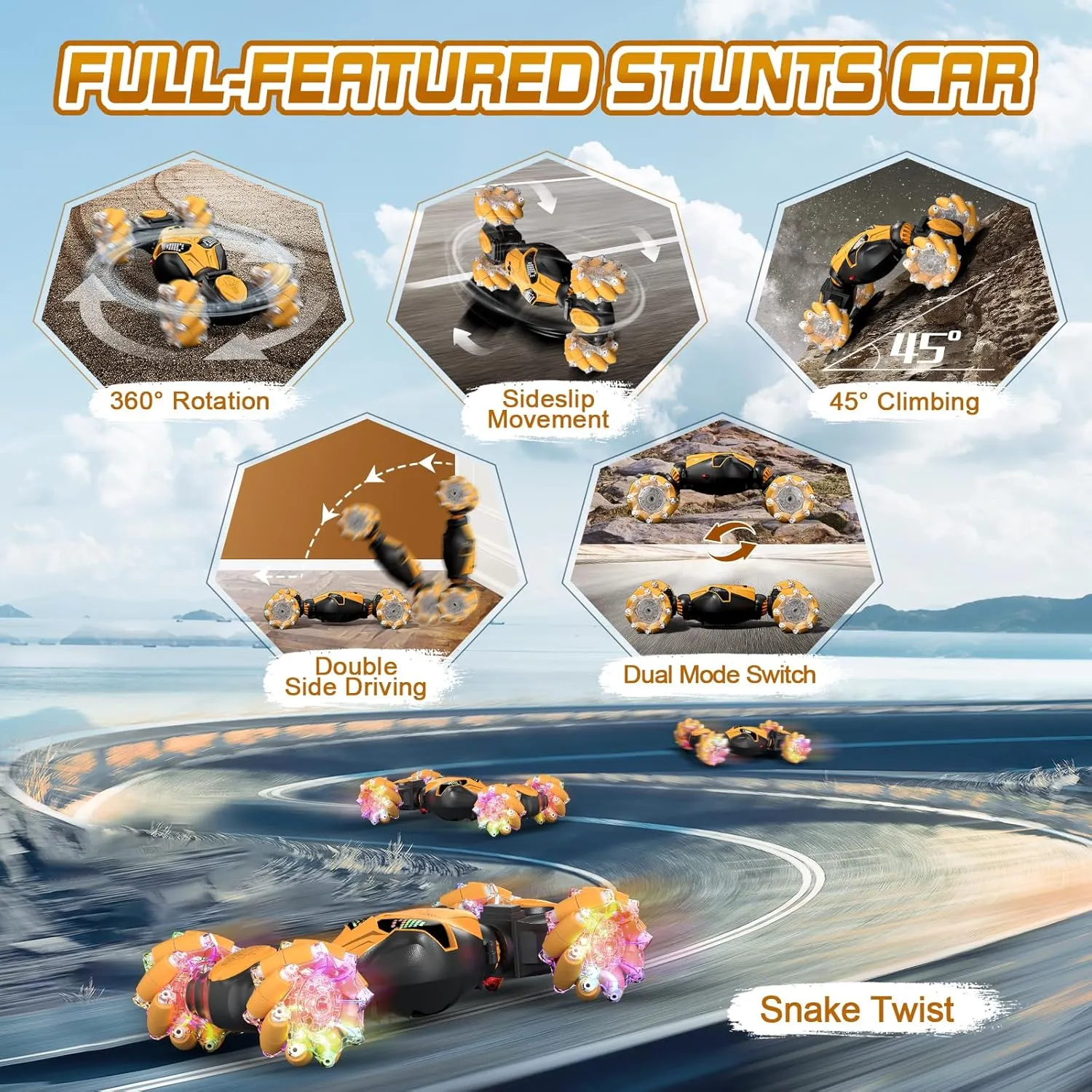Axirata Gesture Sensing RC Stunt Car with Lights & Music for Kids 6-12 Year Old 4WD 2.4GHz Hand Controlled Remote Control Car 360° Rotation Off-Road Toy Car Gift for Boys Girls（Yellow）