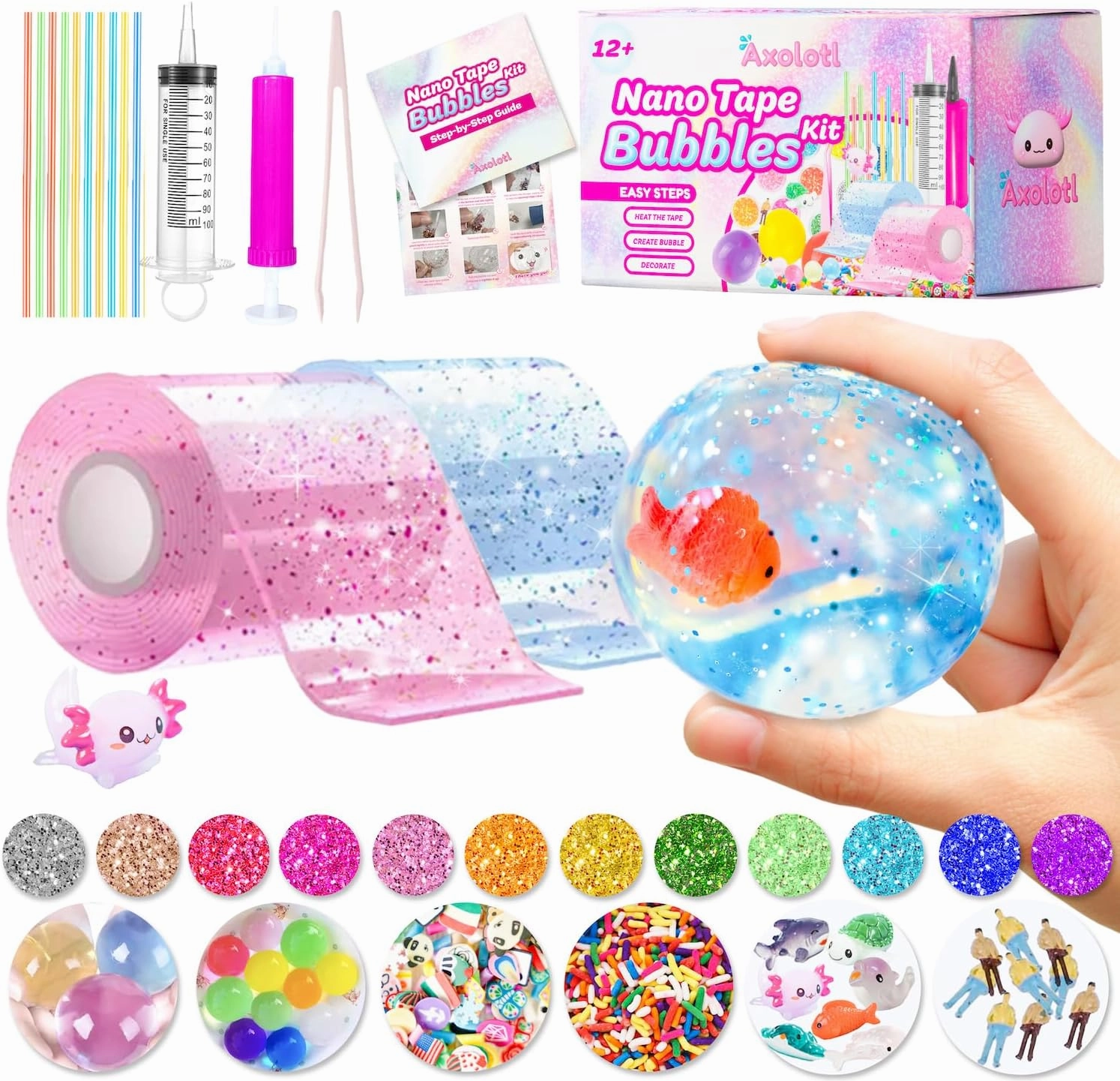 Axolotl Nano Tape Bubble Kit, Double Sided Tape Elastic Bubbles DIY Craft Kit, Stress Balls Toys, Squishy Ball, Anxiety Relief Toy, Party Favors and Fidget Toys for Girls, Boys, Kids