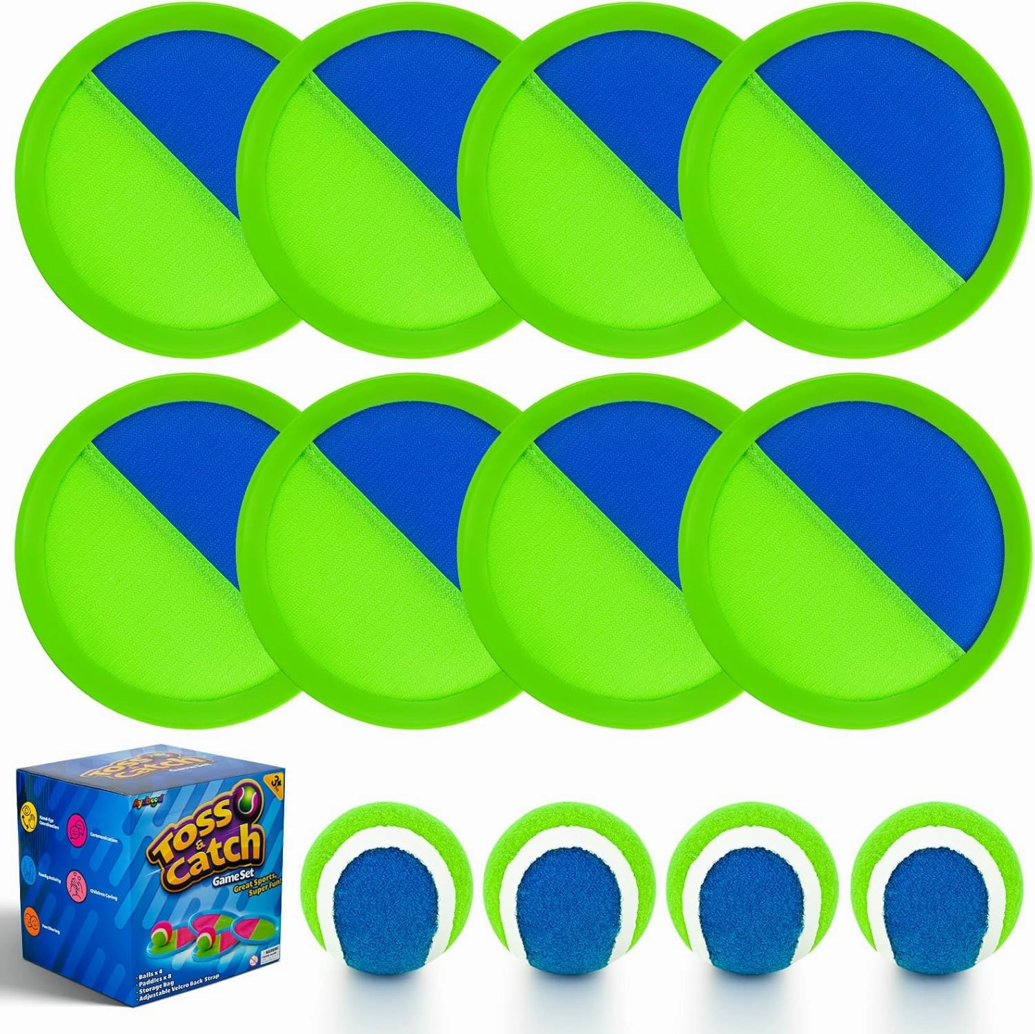 Ayeboovi Toss and Catch Ball Set Outdoor Yard Beach Pool Toys Games for Kids Family Sports 8 Paddles 4 Balls for Toddlers Boys Girls Ages 3-12 Boys Girls Birthday Gift