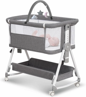 Baby Bassinet,3 in 1 Bedside Bassinet for Baby with Hanging Toys,Foldable Baby Bassinets Bedside Sleeper,4-Sided Mesh Bedside Crib with Wheels and Storage Basket,6 Height Adjustable (Light Grey)