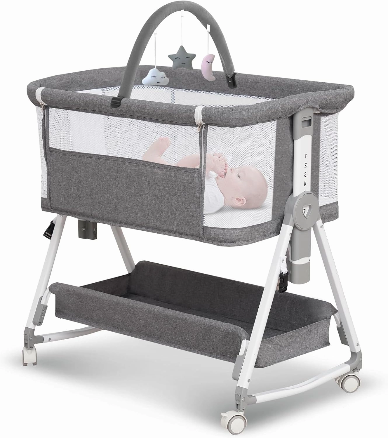 Baby Bassinet,3 in 1 Bedside Bassinet for Baby with Hanging Toys,Foldable Baby Bassinets Bedside Sleeper,4-Sided Mesh Bedside Crib with Wheels and Storage Basket,6 Height Adjustable (Light Grey)
