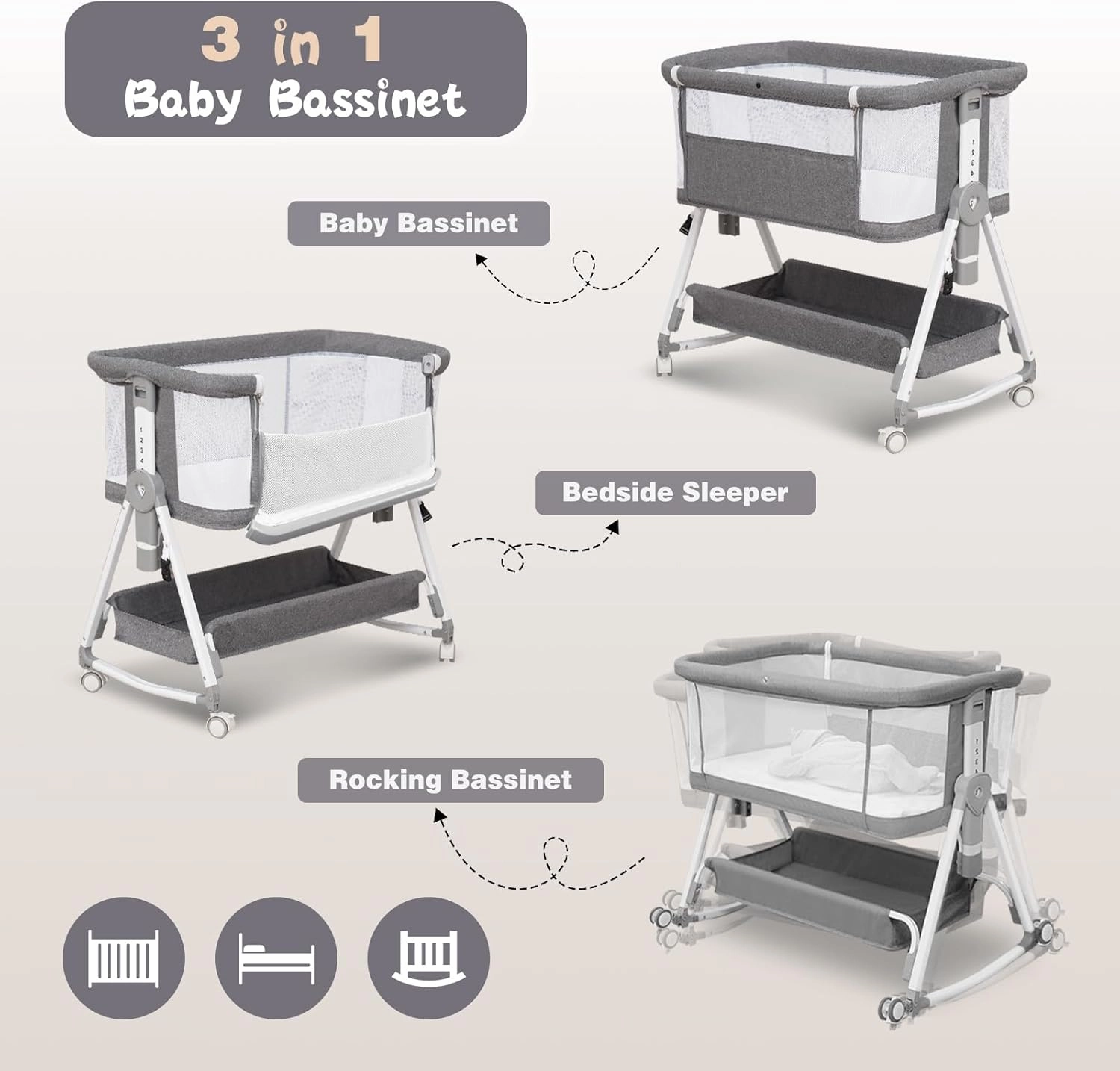 Baby Bassinet,3 in 1 Bedside Bassinet for Baby with Hanging Toys,Foldable Baby Bassinets Bedside Sleeper,4-Sided Mesh Bedside Crib with Wheels and Storage Basket,6 Height Adjustable (Light Grey)