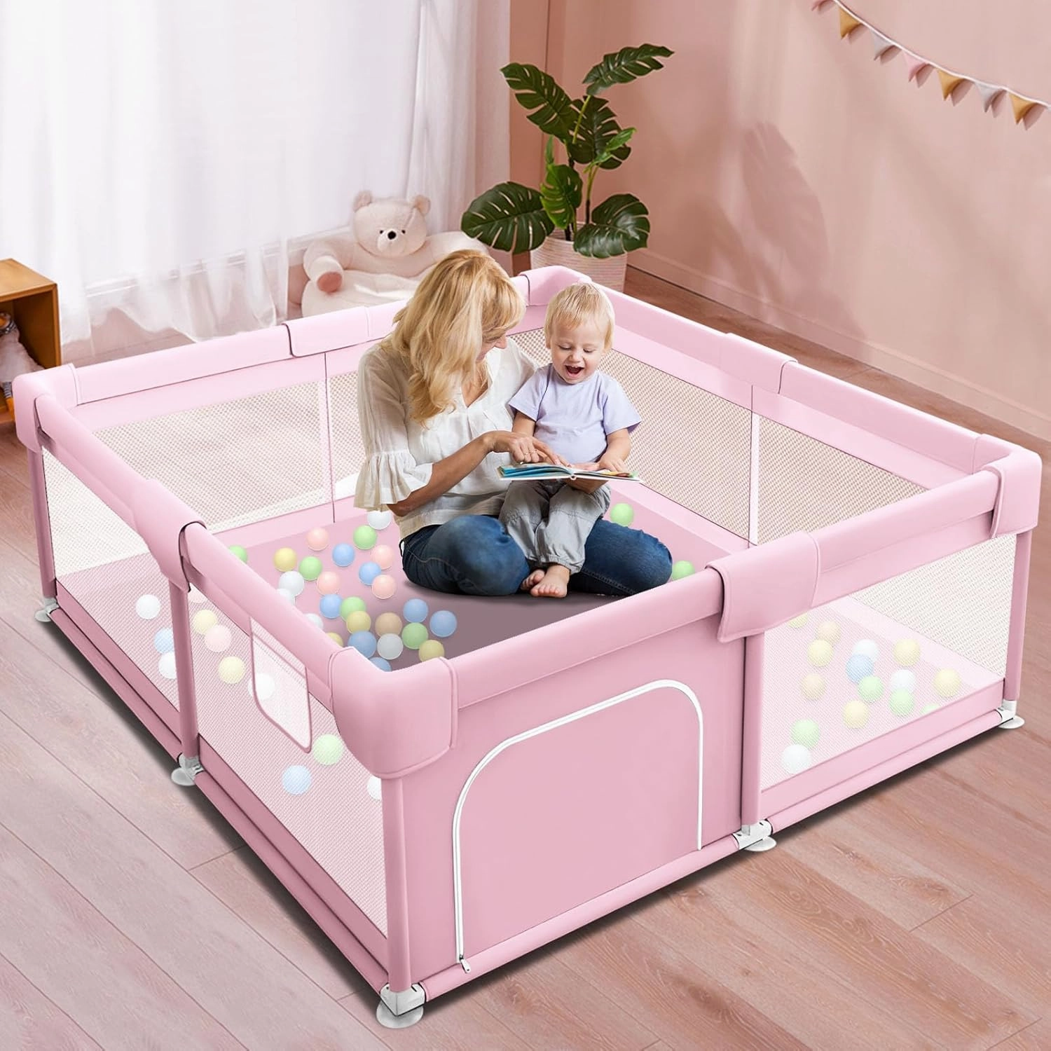 Baby Playpen for Babies and Toddlers Baby Fence Play Yards for Indoor & Outdoor with Breathable Mesh Anti-Fall (Pink
