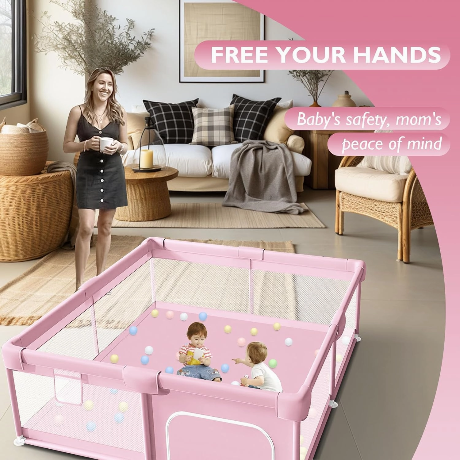 Baby Playpen for Babies and Toddlers Baby Fence Play Yards for Indoor & Outdoor with Breathable Mesh Anti-Fall (Pink