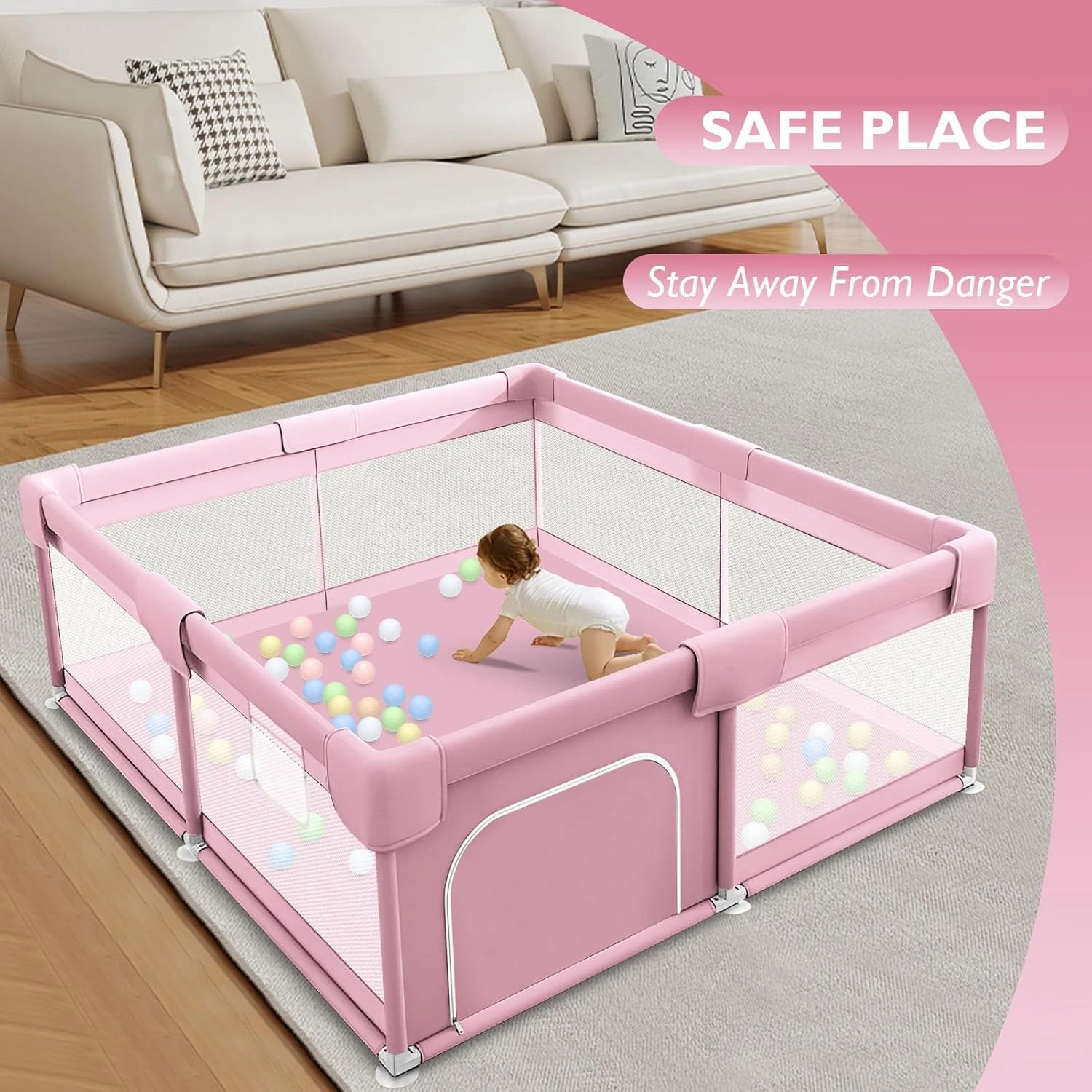Baby Playpen for Babies and Toddlers Baby Fence Play Yards for Indoor & Outdoor with Breathable Mesh Anti-Fall (Pink
