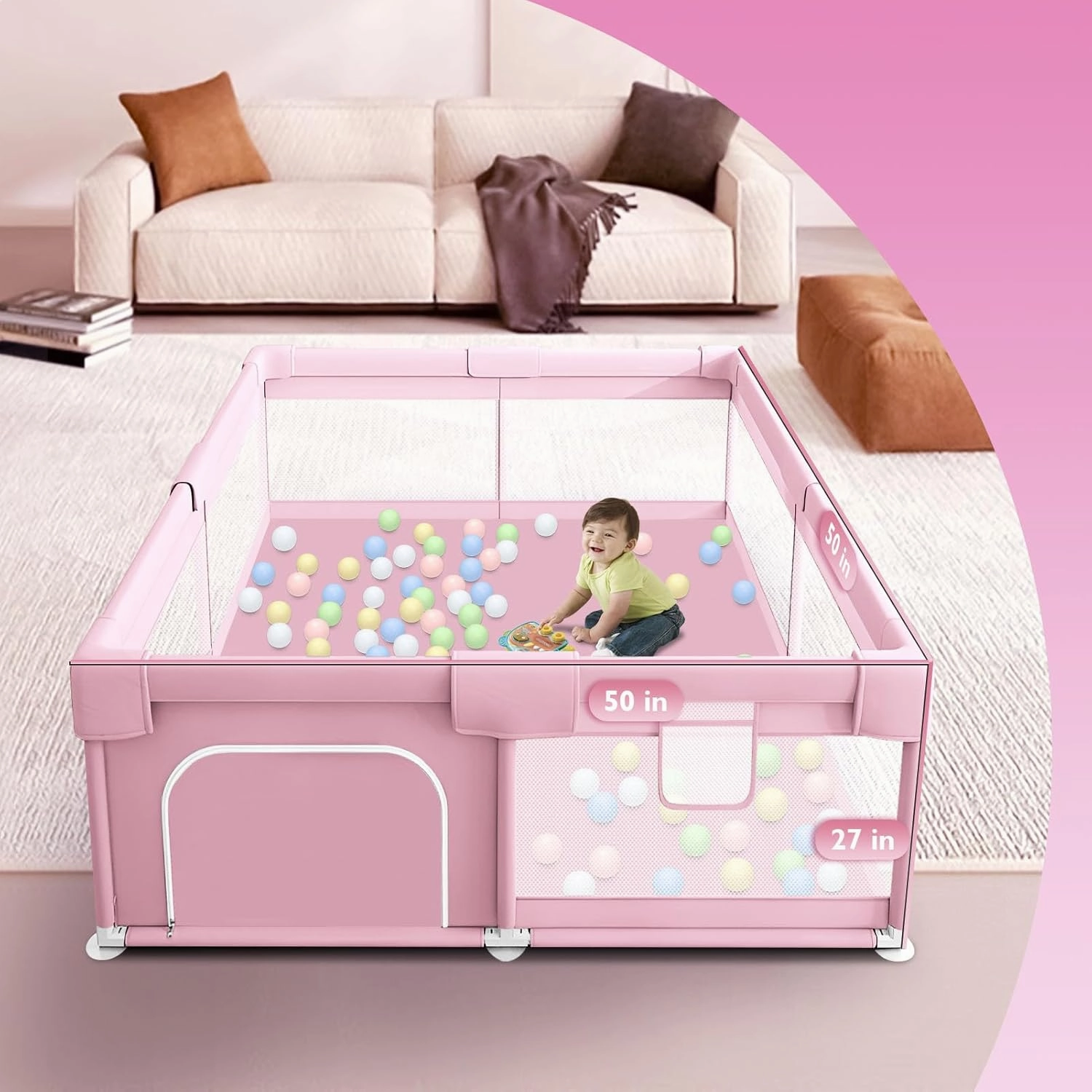 Baby Playpen for Babies and Toddlers Baby Fence Play Yards for Indoor & Outdoor with Breathable Mesh Anti-Fall (Pink