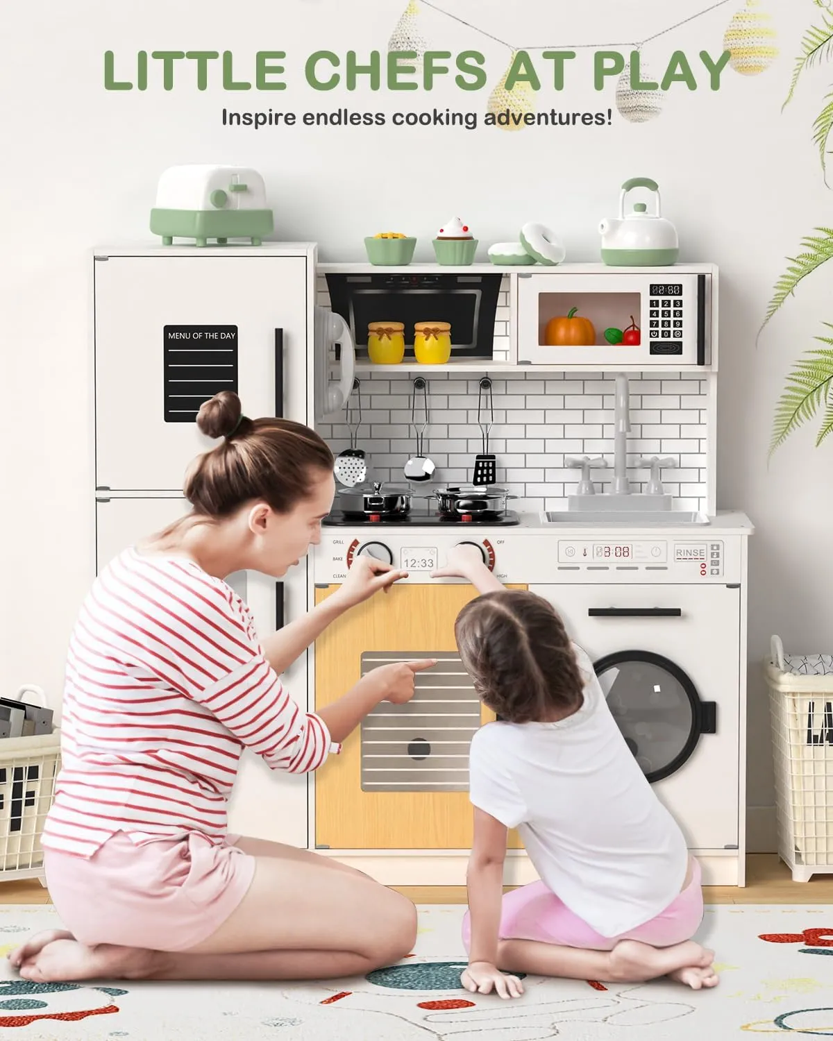 Babytronic Wooden Kitchen Playset for Kids, Interactive Play Kitchen with Lights & Sounds, Children Pretend Toy Kitchen Set with Faucet, Oven, Microwave, Kitchenware for Toddlers Ages 3  (White)