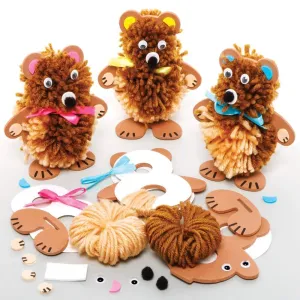 Baker Ross FE362 Teddy Bear Craft Pom Pom Kits - Pack of 3, Childrens Art Make Your Own Fluffy Pom Friend