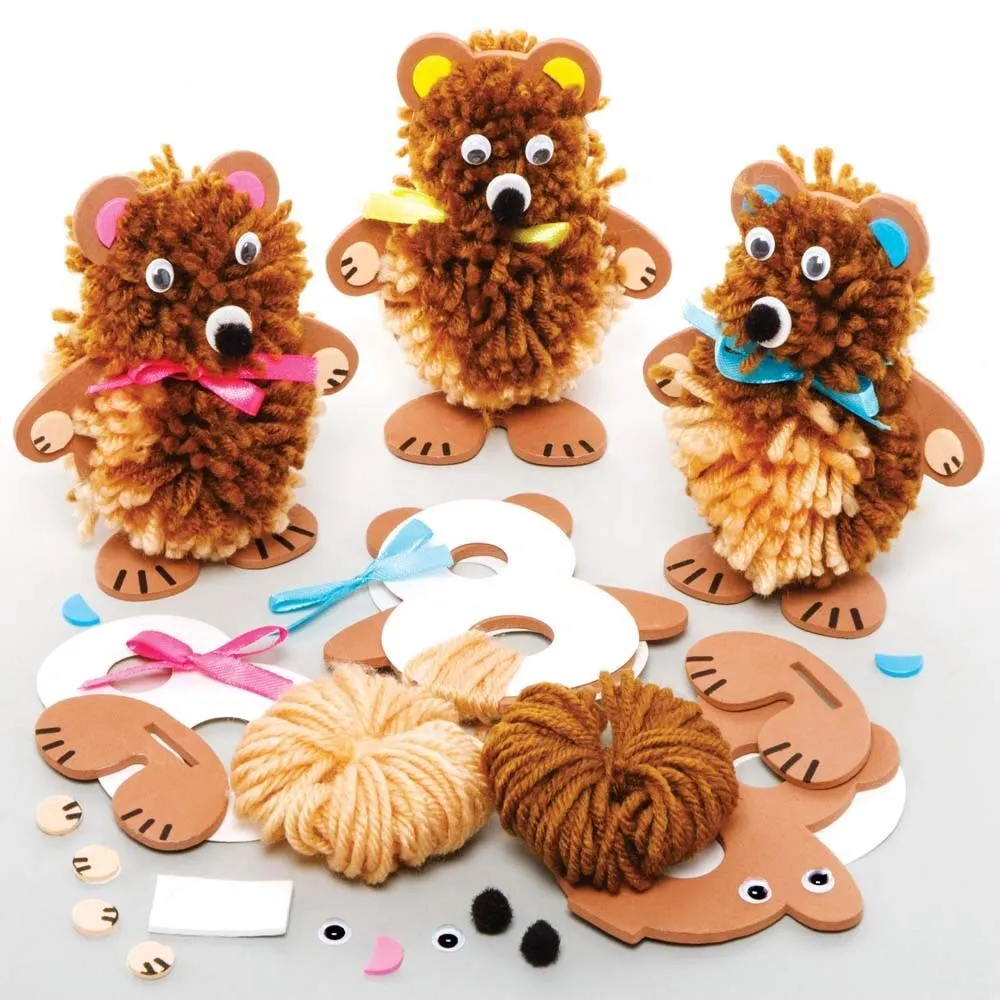 Baker Ross FE362 Teddy Bear Craft Pom Pom Kits - Pack of 3, Childrens Art Make Your Own Fluffy Pom Friend