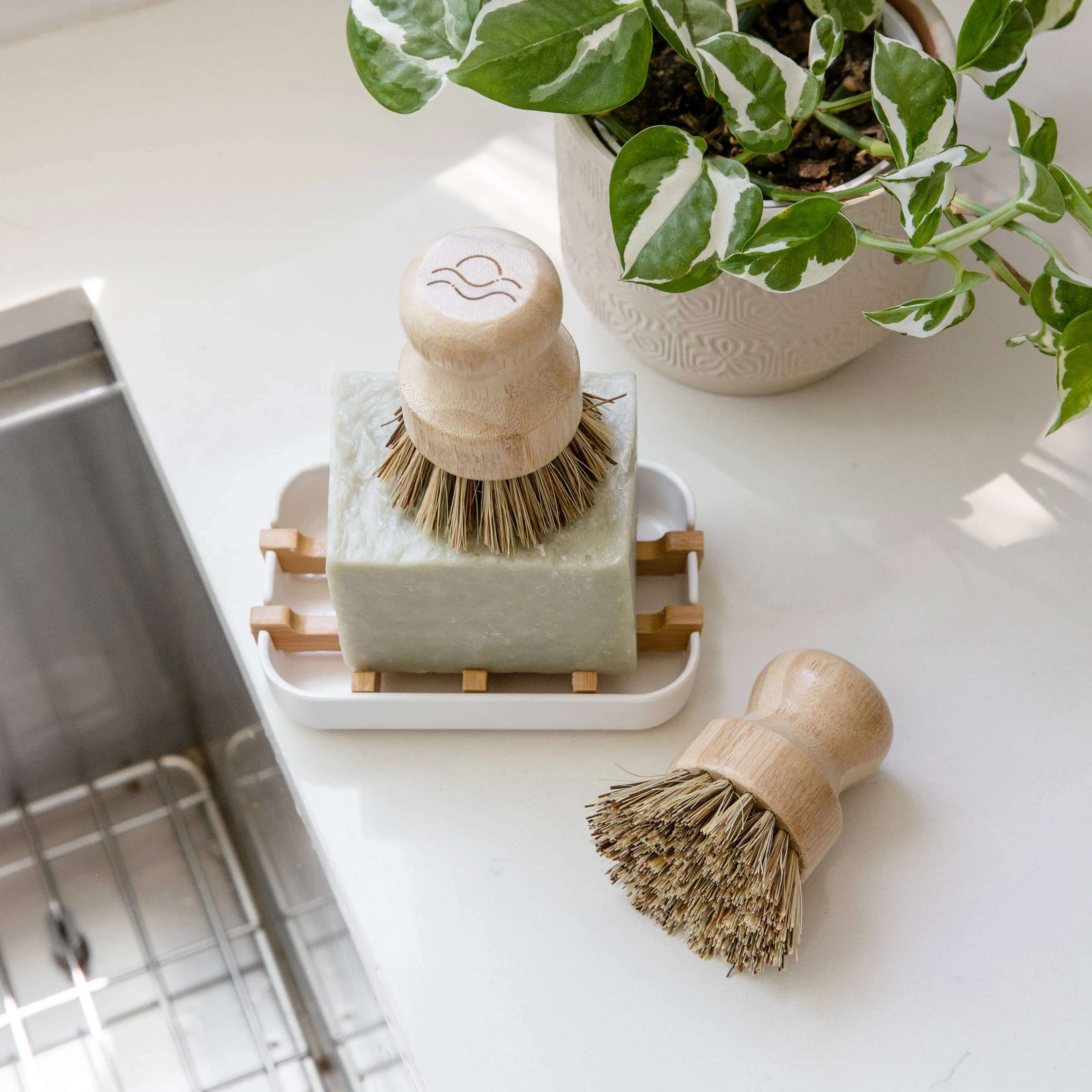 Bamboo Pot Scrubber Brush With Wide Handle
