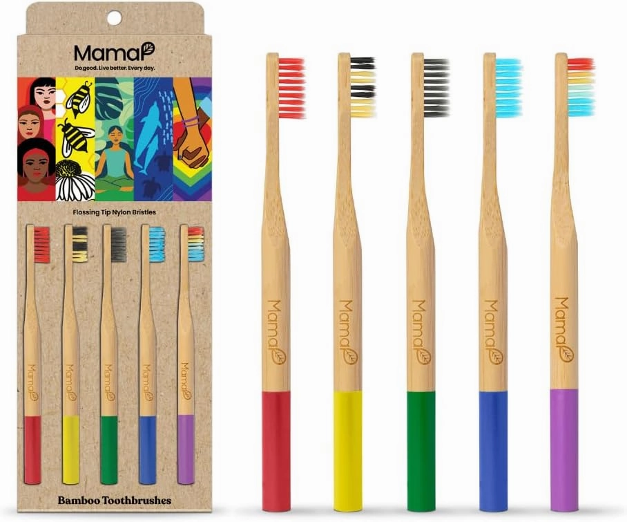 Bamboo Toothbrush Set for Adults (5-Pack) - MamaP Soft Bristles, Natural Eco-Friendly, Recyclable & Compostable Family Pack
