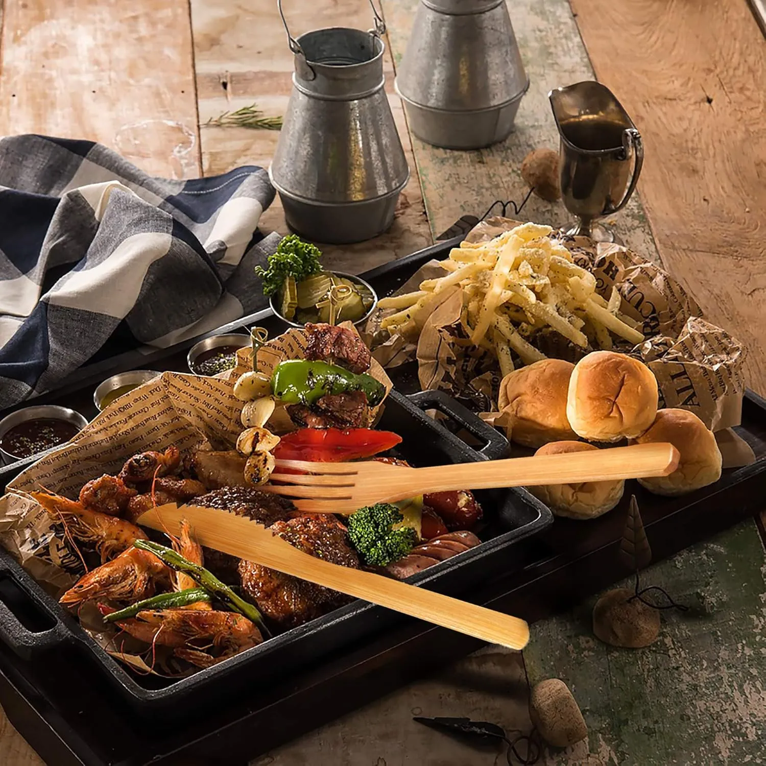 BambooMN Camping Mess Kit Lightweight Organic 10" x 10" Bamboo Plates, Forks, Knifes and Spoons for Camping, Hiking, or Backpacking - 4 Sets